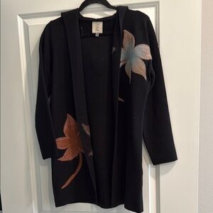 Sioni Black Hooded Cardigan Coatigan with Floral Design sz m